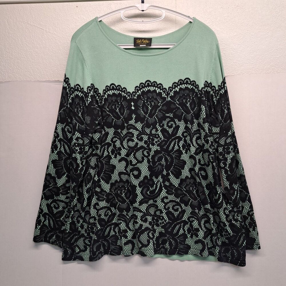 BOB MACKIE Wearable ArtPrinted Lace Sweater Green Black Women's Size 1X